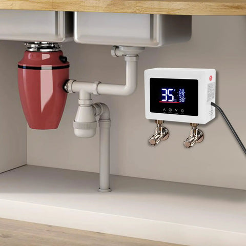 Wall Mounted Instant Electric Tankless Water Heater With Digital Display For Fast Hot Water And Precise Temp Control No Cold Shock Instead It Hits Different For Winter Showers Smooth installed under a sink with plumbing.
