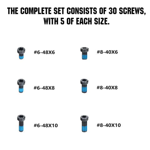 Top Shelf T15 Torx Screw Kit For Mounting Plates Includes 6 48 And 8 40 Fasteners In 6mm 8mm And 10mm Lengths, showing 30 screws of various sizes.