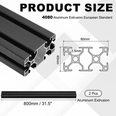 Two Pack 800mm 4080 Aluminum Extrusion Profiles European Standard Anodized Black Linear Rail Guide For 3D Printers And CNC Machines Heavy Duty 6063 Aluminum Smooth Motion Built For Big Builds, 2 pcs