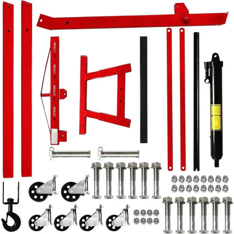 Heavy Duty 2 Ton Engine Hoist Folding Cherry Picker Shop Crane With Hydraulic Tilt Boom assembly parts, red and black components.