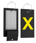 Initial Luggage Tag With Fully Bendable Design And Stainless Steel Loop featuring letter X and privacy cover with info card slots.