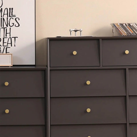 All Brass Cabinet Knob Set Round Drawer Pulls For Dressers And Kitchen Cabinets, shown on dark brown dresser