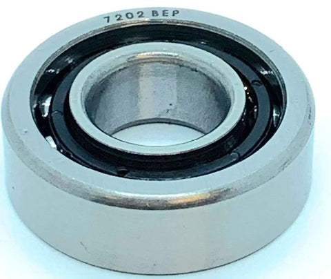 7202B Angular Contact Ball Bearing Single Row Open Design Polyamide Cage Normal Radial Clearance ABEC P0 Precision Tolerance with silver exterior.