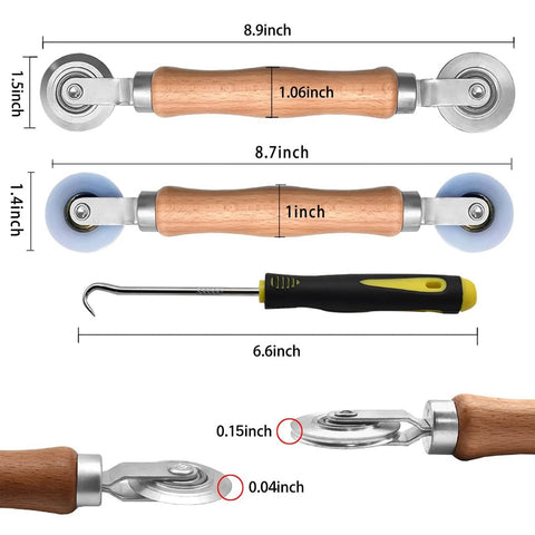 Front view of BAYTORY 3-piece window screen tool set with wooden-handled spline rollers and a hook tool.