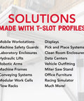 List of applications for T-slot profiles including workstations, machine frames, and more, with a background of aluminum framing.