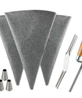 Heavy Duty Grout And Mortar Bags With Slick Stainless Steel Tips Grey 3 Pack All In One Masonry Tool Kit For Tile And Brick Jobs No Fuss Installation includes three gray bags and stainless steel tools.