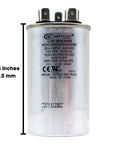 Beefy Dual Run Capacitor 30/5 uF 370/440V for AC units and heat pumps, plug and play replacement shown with measurements