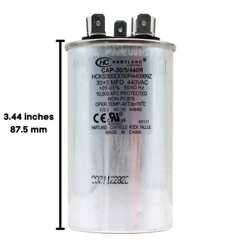 Beefy Dual Run Capacitor 30/5 uF 370/440V for AC units and heat pumps, plug and play replacement shown with measurements
