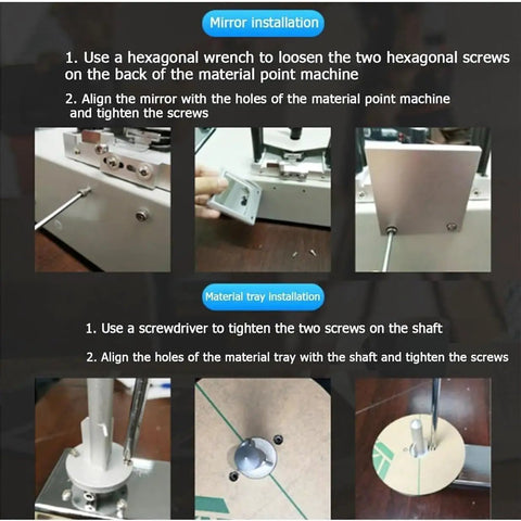 Instruction steps for installing the mirror and material tray on the Rock Solid SMT SMD Parts Counting Machine With Auto Leakage Detection And LCD Display For Heavy Duty Electronics Assembly And Dead Accurate Component Tracking With No Sweat Operation Setup.