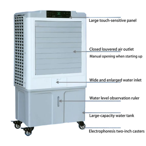 Portable Air Conditioner Evaporative Air Cooler With Oversized Water Tank And Reliable Remote Control Delivers No Sweat Cooling Power For Smooth Rolling Bedroom Garage Vibes shown with large panel, air outlet, water inlet, and caster wheels.