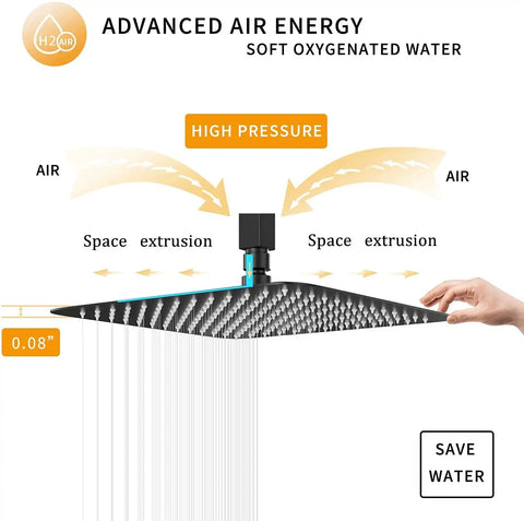 Diagram showing the Matte Black Rain Shower Head With 12 Inch Square Head And 16 Inch Extension Arm, heavy duty 304 stainless steel.