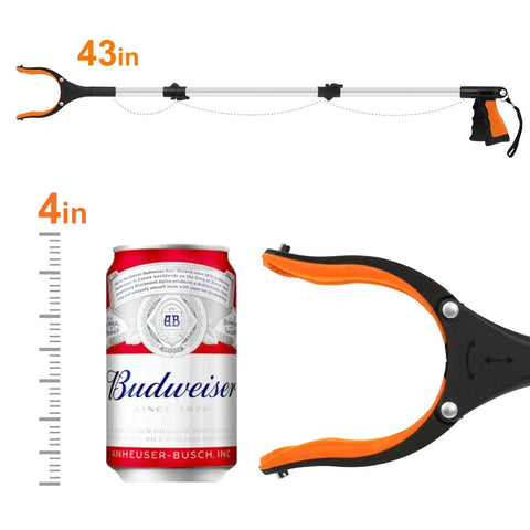 43in foldable reacher/grabber with rotating jaw and magnets; 4in claw opening; orange/black handle