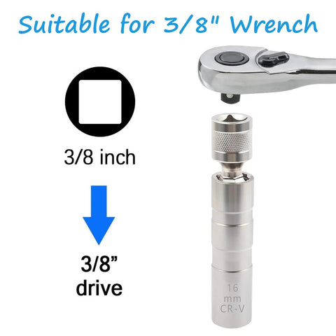 Must Have Pro Grade 14mm And 16mm Spark Plug Socket Set with 3/8 inch drive and wrench, showing 16mm thin-walled magnetic socket.