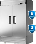 Shop Grade 54 Inch Stainless Steel Upright Freezer With Dual Solid Doors And Heavy Duty Casters For Quick Kitchen Or Garage Layout, front angle.