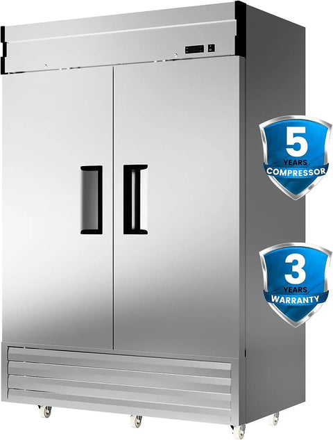 Shop Grade 54 Inch Stainless Steel Upright Freezer With Dual Solid Doors And Heavy Duty Casters For Quick Kitchen Or Garage Layout, front angle.
