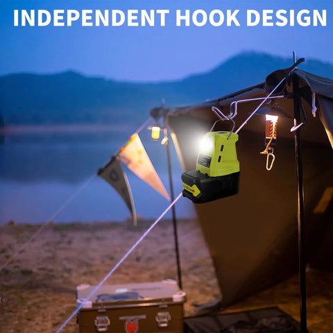 Portable LED Lantern For Ryobi 18V Batteries 450 Lumen Work Light with independent hook design at campsite
