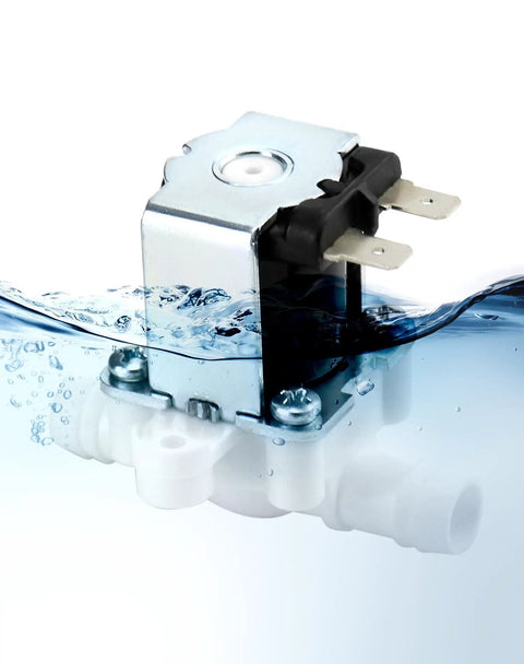 12V Electric Solenoid Valve Normally Closed Half Inch Barb Connection submerged in water, durable plastic and brass build