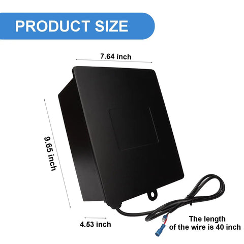 Hella Spacious Gate Opener Battery Box That Kicks Butt Holding Two 12V 12Ah Lead Acid Cells For 12 And 24V Automatic Gates and Deer Feeders, dimensions 7.64 x 9.65 x 4.53 inches, rugged black steel construction.