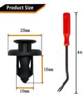Kickstart Your Ride Fix With Heavy Duty One Hundred Piece Bumper Clip Set For Honda And Acura Vehicles Including Civic Accord Crv Bodies Featuring Rock Solid Nylon Retainer Pins Plus Quick Install Tool Included, showing product dimensions of nylon clip and tool.