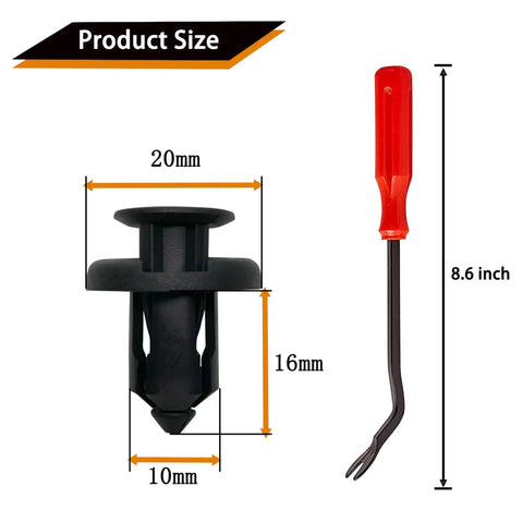 Kickstart Your Ride Fix With Heavy Duty One Hundred Piece Bumper Clip Set For Honda And Acura Vehicles Including Civic Accord Crv Bodies Featuring Rock Solid Nylon Retainer Pins Plus Quick Install Tool Included, showing product dimensions of nylon clip and tool.