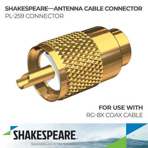 Golden PL-259 Shakespeare antenna cable connector with RG-8X coax compatibility featured in advertising image.