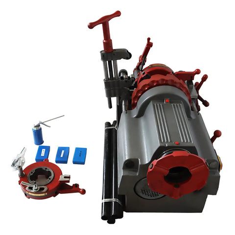 Professional Electric Pipe Threading Machine Featuring A Rock Solid 750 Watt Motor And 110 Volt Hookup, red and gray metal construction.