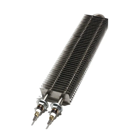 Built Heavy Square Finned Air Heater 230V 1400W High Efficiency Heating Element For Electric Blower And Workshop Stove Easy Plug In Plus Killing The Chill Output, showing finned metal heater with two connectors.