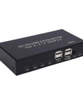 Hassle Free 4 Port KVM Switch With 4K 60Hz Video Sharing And Dual Computer Control, black design, USB ports, compact size.