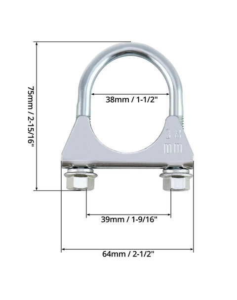 2 Pack U-Bolt Muffler Tip Exhaust Hook Clips For 1-1/2 Inch Exhaust Pipe with dimensions, Galvanized Carbon Steel