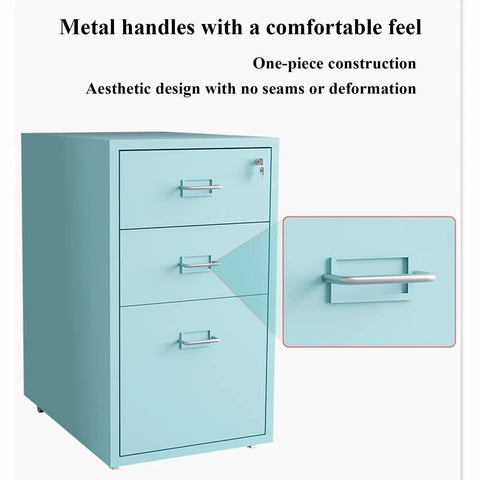 Lockable 10-Drawer Mobile Filing Cabinet On Wheels In White, with a close-up of metal handle design