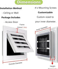 Hassle Free Removable Air Vent Grille Cover With Mesh Louvered Access Panel For Drywall, showing dimensions and installation details.