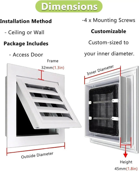 Removable Air Vent Grille Cover With Louvered Mesh White Access Panel For 22X22 Inch Drywall Hatches and Pipe Valves dimensions and installation details
