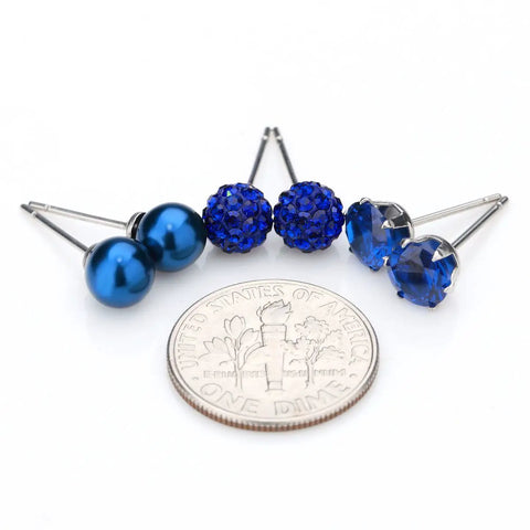 Blue Stud Earrings Set For Women, Three Pairs Featuring Sparkling Cubic Zirconia Rhinestones, Luminous Faux Pearl, And September Birthstone Bling, Stainless Steel Posts, Hypoallergenic, Perfect For Daily Wear Or Parties. Blue stud earrings set with coin for size