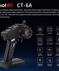 Black CT6A 6 Channel 2.4GHz RC Transmitter with LED screen and ergonomic grip, showcasing features and icons on the right side.