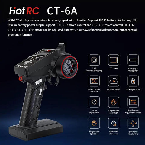 Black CT6A 6 Channel 2.4GHz RC Transmitter with LED screen and ergonomic grip, showcasing features and icons on the right side.
