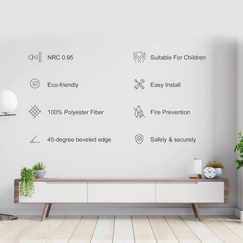 12 Pack Hexagonal Acoustic Wall Panels Sound Absorbing Polyester Foam Tiles For Home Studio Bedroom Decor Soundproofing Flame Retardant features icons showing specifications.