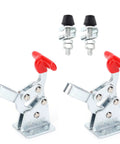 Pair Of Heavy Duty Welding Toggle Clamps Featuring Horizontal Jaw Design And Quick Release Handles, steel construction with red handles.