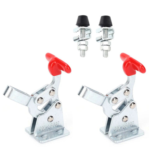 Pair Of Heavy Duty Welding Toggle Clamps Featuring Horizontal Jaw Design And Quick Release Handles, steel construction with red handles.