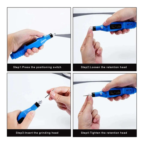 Steps to use Electric Polisher Sander Kit For Polishing Deburring And Edge Trimming Of 3D Models And DIY Projects with blue handle