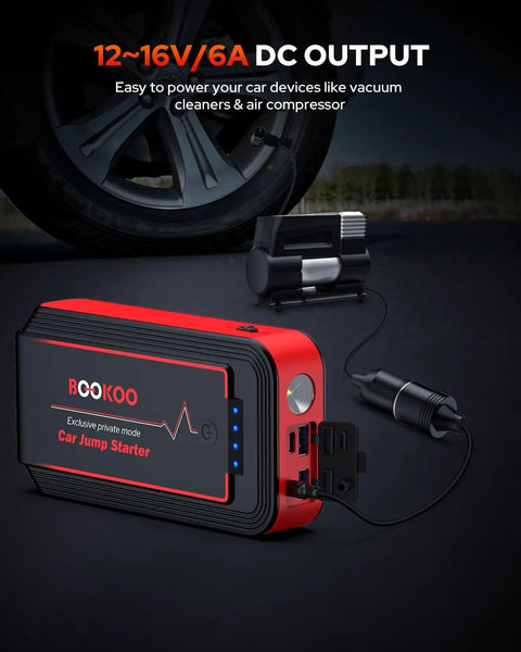 Hardcore 4500 Amps 12V Portable Jump Starter For Cars Boats And Lawnmowers, red jump starter with DC output connection.