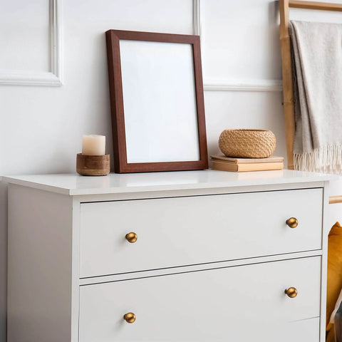 White dresser with 24 Pack 1 Inch Round Solid Vintage Antique Brass Cabinet Knobs Pulls For Cabinets And Drawers With Screws Included