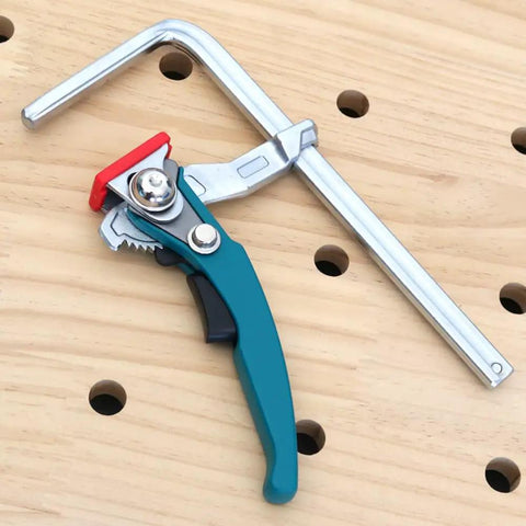Quick Release Ratchet Track Saw Clamp For Guide Rail Systems And MFT Tables Dead On Precision Workholder, chrome vanadium steel clamp detail.