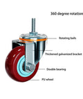 Heavy Duty Swivel Caster Wheels With Brake No Squeak Quiet PU Castors, thickened bracket, rotating balls, 360-degree rotation