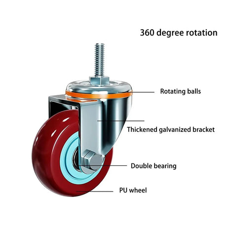 Heavy Duty Swivel Caster Wheels With Brake No Squeak Quiet PU Castors, thickened bracket, rotating balls, 360-degree rotation