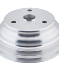 Beefy Lightweight Aluminum Pulley Set For Long Water Pump With 1 Groove Upper And 2 Groove Lower V Belt Design For 1969 To 1985 Small Block Chevy SBC Includes Single Groove Water Pump Pulley And Double Groove Crank Pulley
