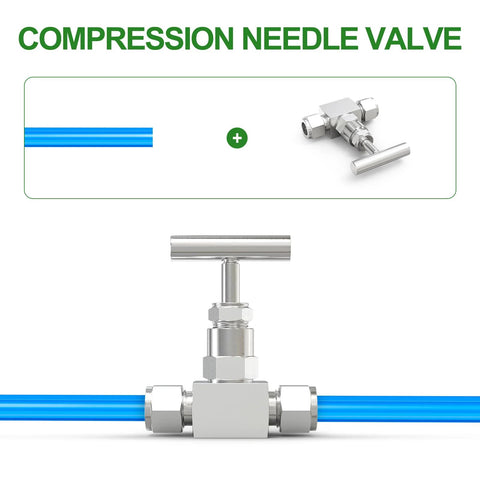 Compression needle valve, 304 stainless steel, straight, 3/8 in tube OD fittings for water, gas, or oil flow control