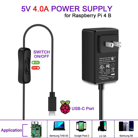 20W USB-C Power Supply for Raspberry Pi 4 With 5V 4A Output, Built In On Off Switch, 5ft Cable, UL Listed, Reliable PD Charger
