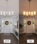 5-Light Modern Chandelier With Clear Glass Shades And Brushed Nickel Finish showcased in entryway, off and on views.
