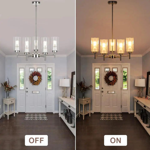 5-Light Modern Chandelier With Clear Glass Shades And Brushed Nickel Finish showcased in entryway, off and on views.