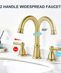 Widespread 3 Hole Brushed Gold Bathroom Faucet with no splash 8 inch center spout, pop up drain, shown on vanity sink